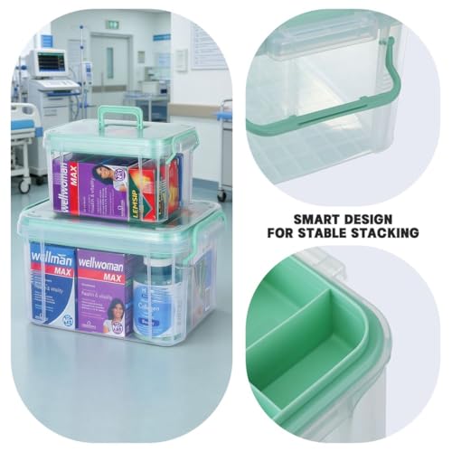 Image of HEY FOLY Set of 2 Medicine Organizer Storage Box with Tray, 15qt+5qt Green Plastic First Aid Box Empty, Thickened Medicine Container Chest, Multipurpose Medical Case with Labels, Green Medicine Caddy