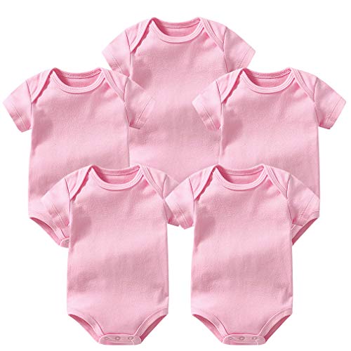 5-Pack Newborn Baby Boy Girl Short Sleeve Cotton Onesies Solid Bodysuit Infant Tops Outfit Clothing (Pink,12M)