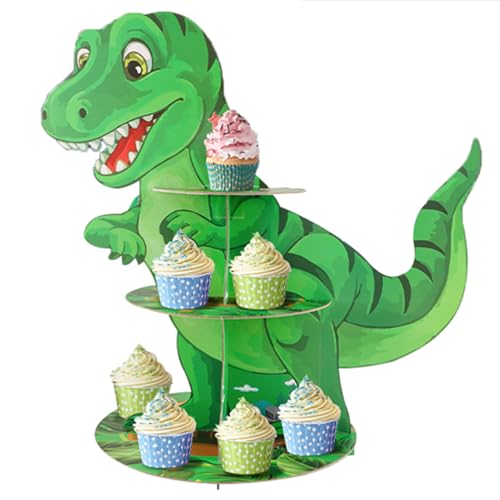 Ufurty Dinosaur Cupcake Stand, 3 Tiers Dinosaur Birthday Party Decorations Green Dinosaur Cupcake Tower Stand Cardboard Display Rack Desserts Tower Platter for Kids Boys Girls