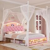 ADORNEVE Full Canopy Bed Frame with LED Lights and Charging Station, Velvet Upholstered Platform Bed for Girls,Headboard with Charging Station & Guardrail & Crystal Button,Pink