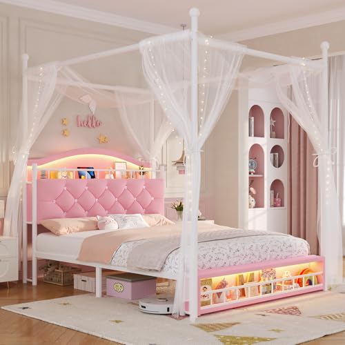 ADORNEVE Full Canopy Bed Frame with LED Lights and Charging Station, Velvet Upholstered Platform Bed for Girls,Headboard with Charging Station & Guardrail & Crystal Button,Pink