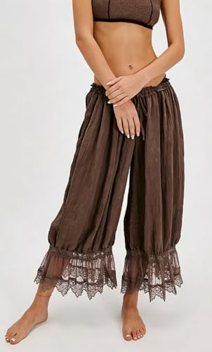 Image of NUFIWI Women Ruffle Long Bloomer Y2k Lace Trim Pettipants Pantaloons Mid Rise Cropped Pajama Pants Under Dress Slips