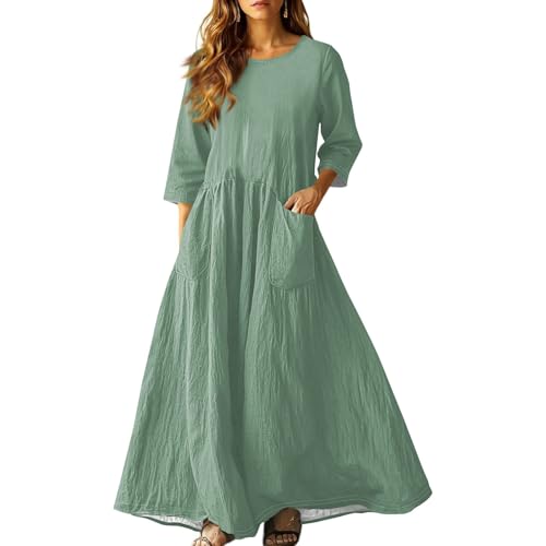 Fall Dresses for Women Spring 3/4 Length Sleeve O Neck Maxi Dress Boho Vacation Dresses with Pockets