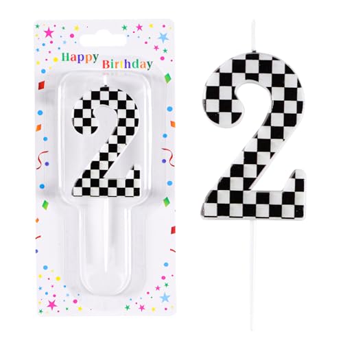Racing Car 2nd Birthday Candle, Black and White Stripes Number 2 Cake Candle Birthday Cake Topper for Racing Car 2nd Birthday Party Decorations