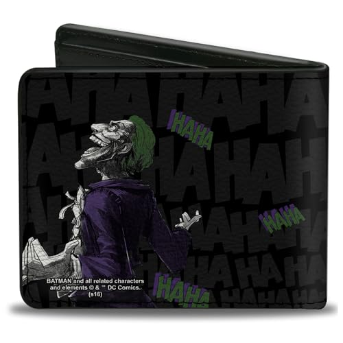 Buckle-Down Men's PU Bifold Wallet-Joker Smiling + Laughing Poses/HAHA Black/Gray/Purple/Green, Multicolor, 4.0" x 3.5"2