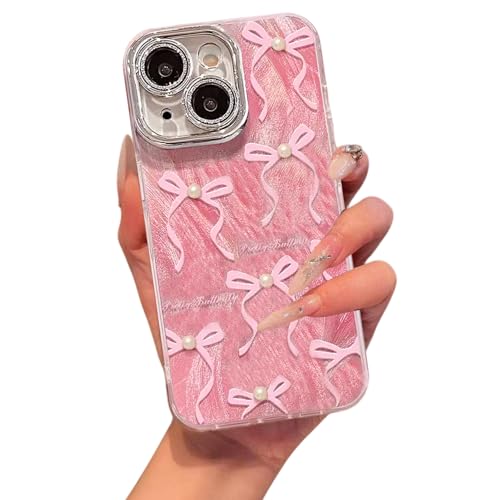 Image of VONZEE Compatible with iPhone 15 6.1'' Case Luxury Pink Girly Cute 3D Bow Pearl Glitter Bling Case with Full Camera Protection Shockproof Case PC+TPU Glossy Shiny Cover for Girls Women, Pink