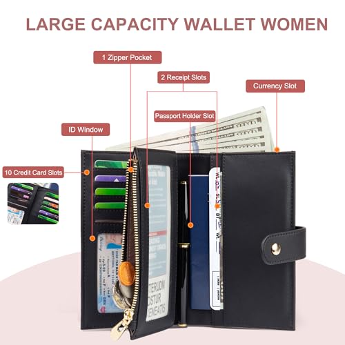 Image of yiijay Womens RFID Blocking Vegan Leather Trifold Clutch Credit Card Holder Ladies Travel Wallet Purse with Pen Holder, Black