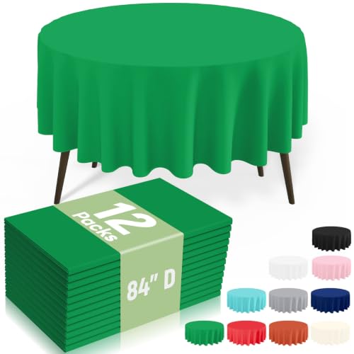 Image of misaya 12 Packs Disposable Plastic Table Cloth, 84 inch Round Waterproof Tablecloth, Leakproof & Sturdy Decorative Table Covers for Picnic, Party, Outdoor and Back to School, Green