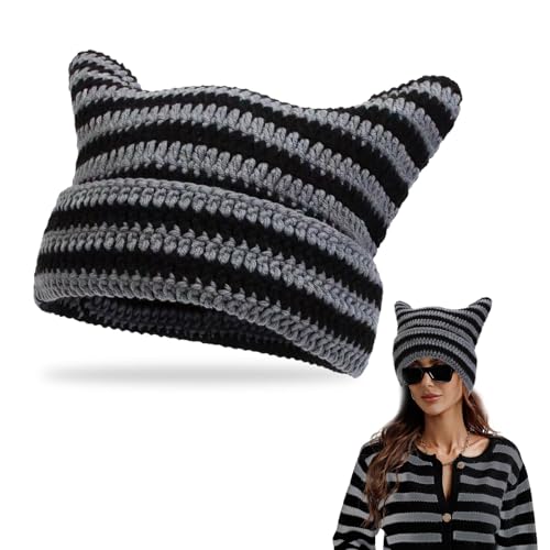 EUPSIIU 1 Pieza Gorro Hombre Invierno y Gorro Invierno Mujer, Sombrero de Punto, Gorro con Orejas De Gato A Rayas para Actividades Al Aire Libre y Uso Diario, Talla única (Negro-Gris)