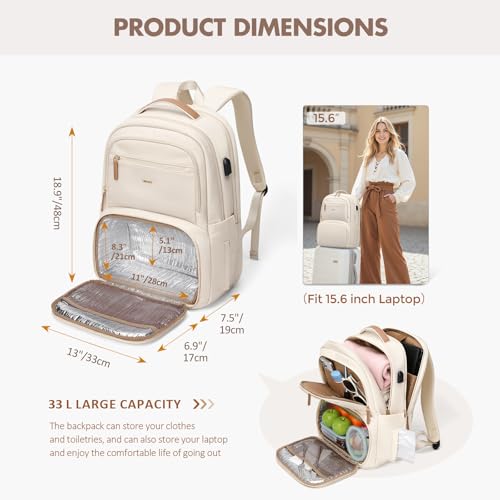 Lunch Backpack for Women Men,15.6Inch Insulated Lunch Box Backpack with USB Charging Port, Diaper Laptop Back pack for Travel Picnic Work Teacher Nurse,Beige2