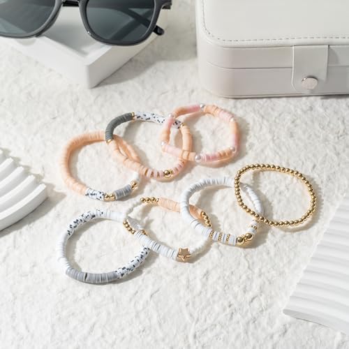 Y1tvei 7Pcs Christmas Pink Surfer Heishi Clay Bead Bracelet Set Boho Stackable Gray White Polymer Clay Beaded Layering Stretch Bracelet Gold Jewelry Summer Beach Friendship Bracelet for Women3