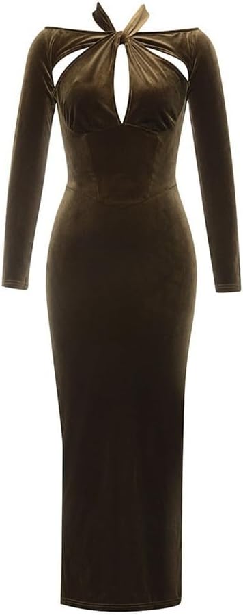 JSEIAJB Vintage Hollow Out Velvet Hanging Neck Slim Back Split Long Sleeve Dress