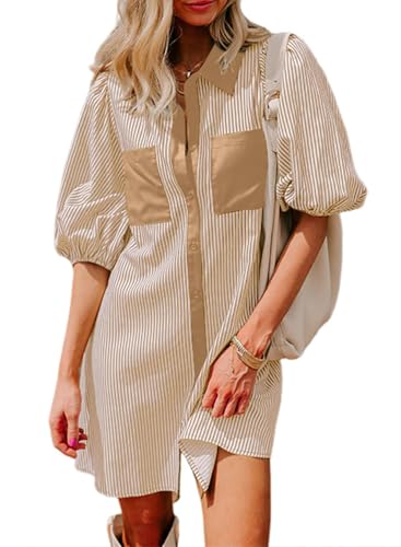 Image of AlvaQ Women Dress Summer 2025 Casual V Neck Short Sleeve Button Down Striped Tunic Dresses with Pockets