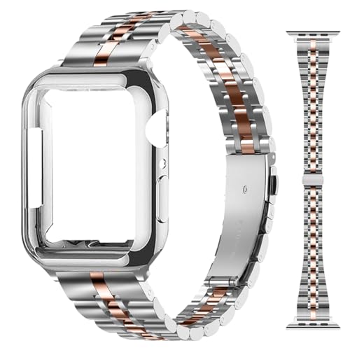maenwvo Stainless Steel Band Compatible with Apple Watch Band 38mm 40mm 41mm 42mm 44mm 45mm, Dressy Chain iWacth Straps for Women iWatch Bands Series 9 8 7 6 5 4 3 2 1 SE, Silver/Rose Gold