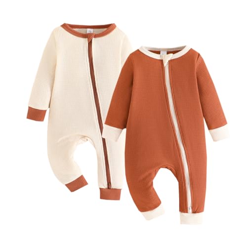 Image of Bafeicao Unisex Baby Boy Girl 2/3 Pack Rompers Long Sleeve 2 Way Zipper One Piece Jumpsuits Clothes Sets