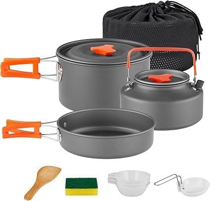 Image of Camping Cookware Set, 11 Pcs Mess Kit, Non-Stick Pot, Pan and Kettle, Foldable Handles, Lightweight, for Camping, Hiking, Travel and Festivals,Multicolour,Pack of 1