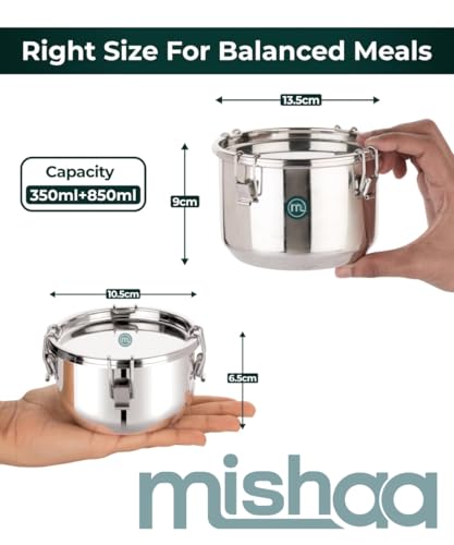 Image of Mishaa Steel Leakproof Tiffin /Lunch Box, Airtight & Spill-Proof Container for Curry & Liquid Items, Steel Lunch Box for School, College & Office, Suitable for Men, Women & Kids (350ML + 850ML)