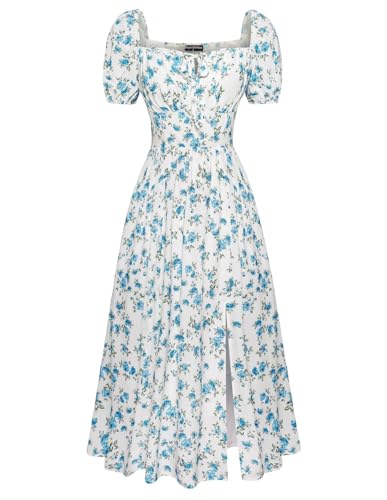 Image of Scarlet Darkness Women's Floral Corset Dress with Split 2026 Summer Spring Square Neck Midi Milkmaid Dresses White Blue Floral S