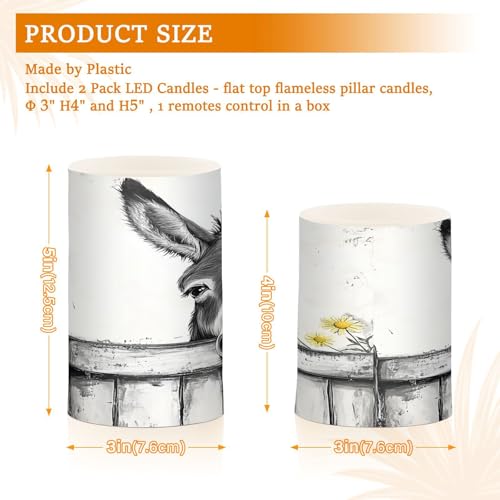 Image of Black White Donkey Flowers Wooden Flickering Flameless Candles LED Battery Operated with Remote Timer Pillar Candles for Home Birthday Wedding Christmas Decor, Set of 2