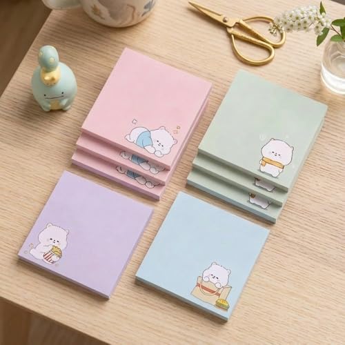 Image of Cute Cartoon Bear Sticky Notes | Pastel Memo Pad Set | Study & Office Use - Pack of 4 | 80 Sheets Per Pack | 3.15x3.15in Self-Stick Note Pads (Bear Sticky Notes)
