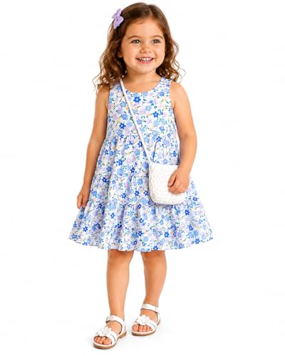 Image of Bold N Elegant Sleeveless Cotton Floral Print Party Knee Length Dress Frock with Bag Purse for Infant Toddler Baby Girl's