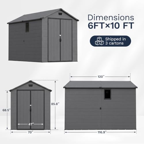 Image of Patiowell 6x10 FT Outdoor Storage Shed with Floor, Plastic Resin Garden Shed with Lockable Door&Windows, Weather-Resistant for Lawn Mower, Tool & Backyard Storage (Dark Grey)
