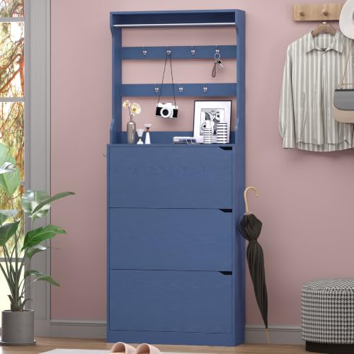 Image of BORNOON Shoe Cabinet with 3 Flip Drawers & Coat Rack, Narrow Hidden Shoe Storage Cabinet, 2-in-1 Hall Tree Slim Freestanding Shoe Rack Organizer for Entryway, Hallway, and Living Room