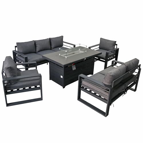 Aluminium Garden Furniture Sets 7 Seater High Back Garden Sofa Set with Fire Pit Table & 2 Armchairs Metal Outdoor Sofa Set Patio & Conservatory Furniture (Dark Grey 7 Seater Firepit Table)