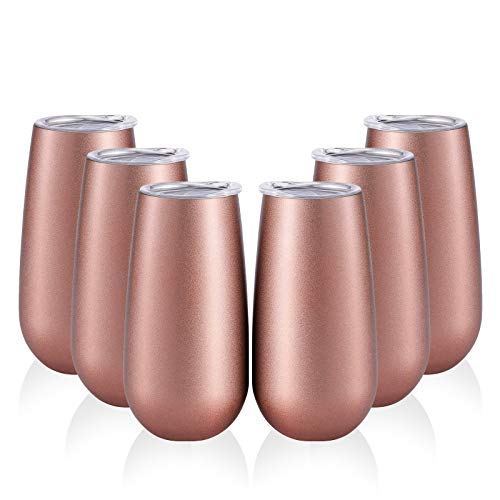 Sangyn 6 Pack Stemless Champagne Flutes Double-insulated Wine Tumbler with Lids 6 OZ Stainless Steel Unbreakable Cocktail Cups for Coffee Wine Glass,Rose Gold