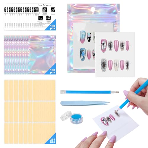 Raisetip 100PCS Press on Nail Packaging Bag 100PCS Display Card with 231 Pcs Pre-cut Adhesive Tape & Diamond Art Pens & Glue Clay & Tweezers 6-in-1 Set for Nail Display (Laser-white card)