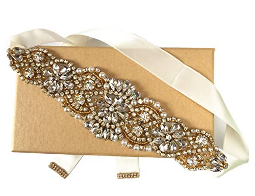 ZIUMUDY Bridal Rhinestone Belts Handmade Clear Crystal Sashes Wedding Belts For Evening Gowns (Gold-ivory)