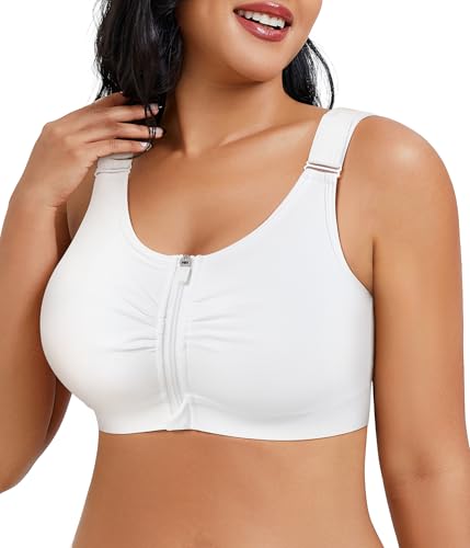 CYDREAM Front Zip Closure Bras for Women No Underwire - Wireless Comfort Compression Support Adjustable Everyday Bra (US, Alpha, Large, Regular, Regular, White)