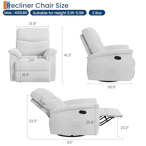 Image of Garvee Swivel Rocker Recliner Chair, Nursery Rocker Recline Chair, Manual Chenille Reclining Armchair with 38.6 inch w Seat, 350 Lb Capacity, Oversized Single Sofa for Living Room Bedroom,Beige