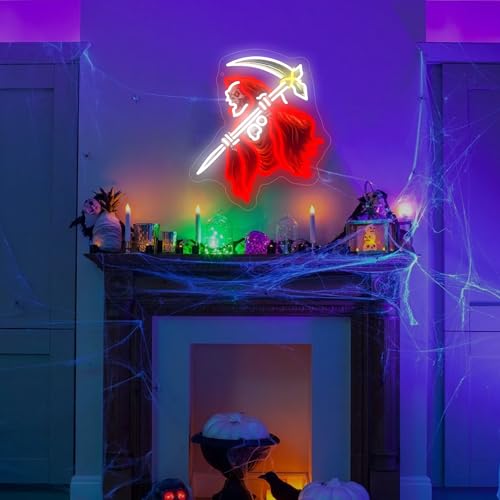 Image of Skull of the Reaper LED Neon Sign USB Powered for Wall Decor, Horror Neon Night Light Sign Dimmable for Room Party Decor Halloween Birthday Gifts