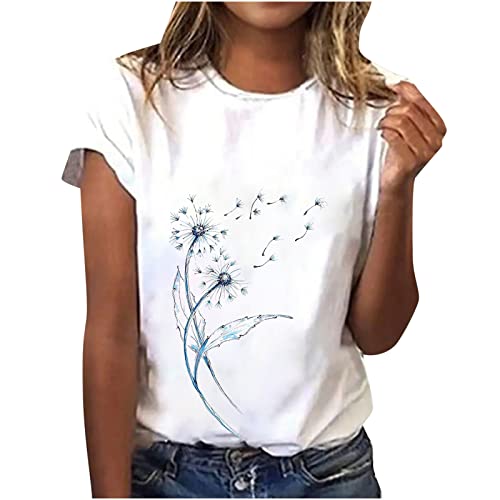 Camiseta Manga Corta Mujer Verano 2023 Moda Impresión Floral Basic Camisa Blusa Cuello Redondo Camiseta Elegant Suelto Tops Casual Fiesta Cómodo T-Shirt Original tee Playa