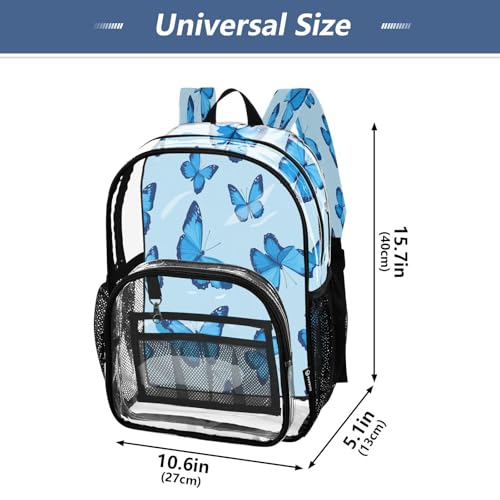 Blue Butterflies Clear Backpack - Stadium Approved Large 15.7-inch Waterproof Transparent Bag for Sports, Concerts, Work, Travel#3494