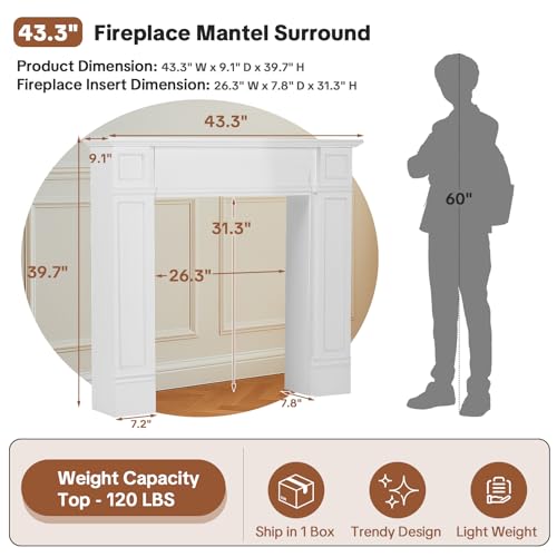 Image of HOMEDIARY Fireplace Mantel Surround, Modern White Fireplace Mantel Frames with Legs for Living Room, Premium MDF with Solid Wood, Decorative Fireplace Surround for Holidays, Anti-Tipping & Waterproof
