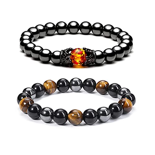 Jovivi Hematite Black Obsidian Tiger Eye Stone Bracelets for Men Women 10mm Natural Round Gemstone Beads Beaded Healing Crystal Bracelet for Protection, Good Luck