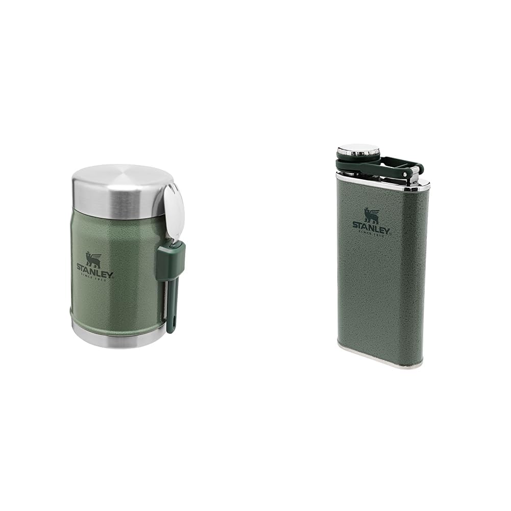 STANLEY Classic Legendary Fiambrera Termica 0.4L Hammertone Green with Spork & Classic Wide Mouth Flask 0.23L Hammertone Green with Never-Lose Cap