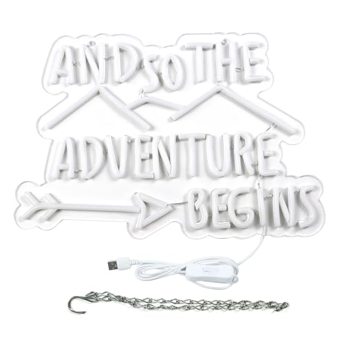 Image of and so the Adventure Begins Neon Signs for Wall Decor Neon Lights Led Signs Suitable for Bedroom Office Man Cave Bar Pub Christmas Party 5V Usb Power 10.8 * 16.1 Inch(White+Azure)