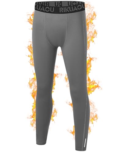 RIKUAOU Boys Thermal Pants Fleece Lined Compression Leggings Youth Football Base Layer Kids Sports Tights Cold Weather Light Gray