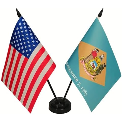 Zigvert America & Delaware Twin Desk Flag, US Delaware Table Flags, 8 x 5 Inches American & Delaware Deluxe Desk Flag Set - Miniature USA & Delaware Stick Flag with Flag Stand Cover