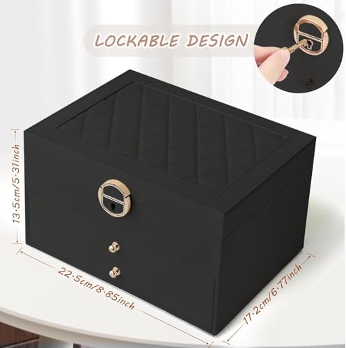 Image of Vlando 3 Layer Jewellery Organiser Box, Large PU Leather Jewelry Storage Case With Drawers, Earrings, Rings, Necklaces Holder | Luxury Jewellery Box For Women & Girls Gift (Black)