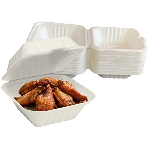 Raj Eco Bagasse 6" x 6" Clamshell Takeout Containers- 50 Pack- Compostable and Disposable Heavy Duty containers for parties, Restaurants, Food Trucks, and leftovers - Alternative to Plastic & Paper Cover