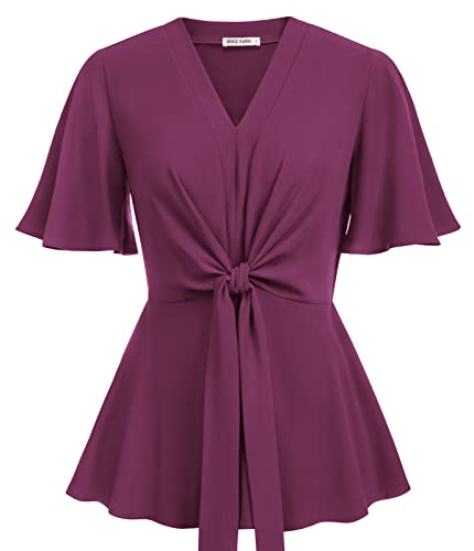 Image of GRACE KARIN Women's Elegant V-Neck Tie Waist Flowy Peplum Shirt Tops