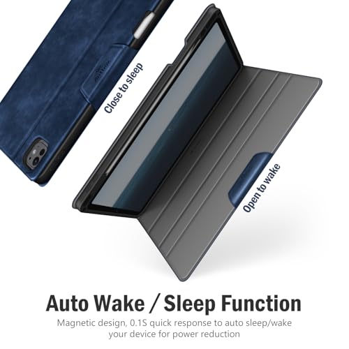 Image of Antbox for iPad Pro 11 Inch Case M5 2025 /M4 2024, Built-in Pencil Holder, Fully Supports Pencil Pro /USB-C, Auto Sleep /Wake Function Vegan Leather (Blue)