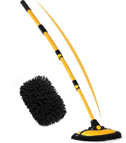 Image of Fulminare 15 Curved Car Cleaning Brush Duster with Telescopic Handle 43 inch Aluminum Alloy Long Rod Wash Mop for Washing Car Van Soft Chenille Scratch Free Car (Black)