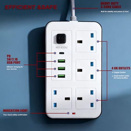 Maqash extension lead with usb slots 2500W -2m long cable - copper clips - 13A 220V - multi usb plug Cord UK - power strip with USB Socket, 8 in 1 mobile charging USB C PD 5V/2.1A - Image 5