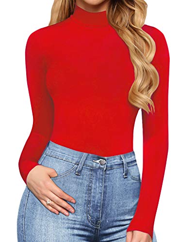 Image of MANGOPOP Women's Slim Fit Long Sleeve Mock Turtleneck Top Tunic T Shirt (Long Sleeve (Red), X-Small)