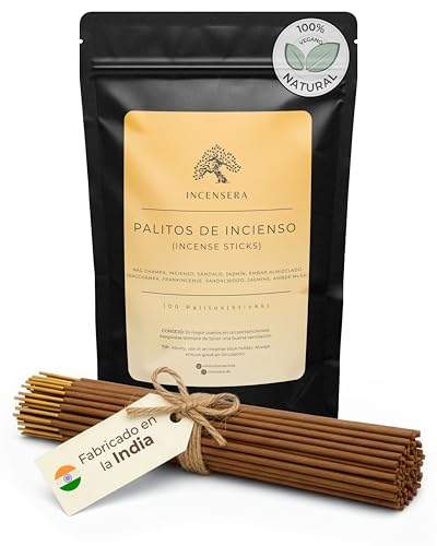 Incensera Juego de Varillas de Incienso, 100 Varillas (5 x 20), Nag Champa, Frankincense, Sándalo, Jazmín y Ambre Almizclado Inciensos – Incienso Natural, Meditación, Yoga, Relajación, Aromaterapia